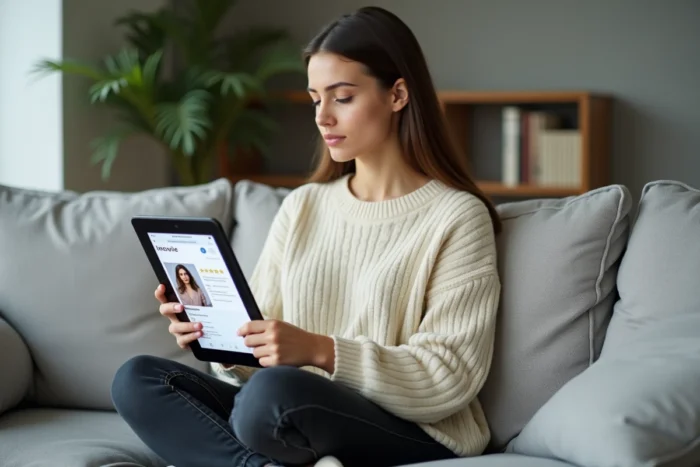 Jeune femme consultant un profil de nounou sur une tablette numérique