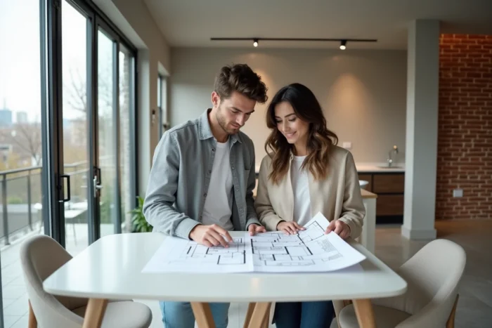 Jeune couple étudiant des plans d'appartement moderne dans le cadre de l'achat immobilier en 2024