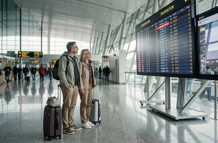 Couple regardant le tableau des départs dans un terminal d'aéroport international avant leur voyage