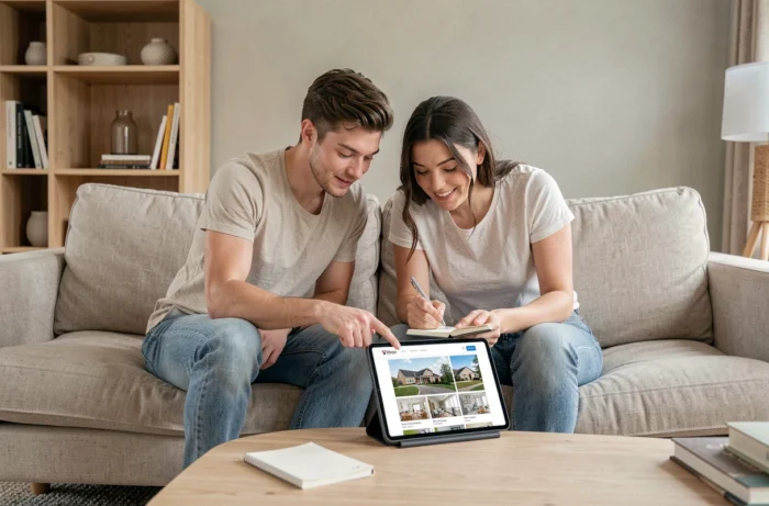 Couple consultant des annonces immobilières archivées sur une tablette dans un salon moderne