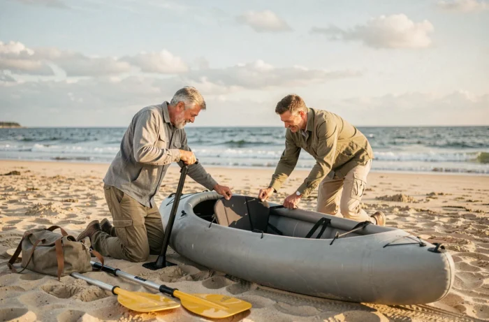 Couple gonflant et assemblant un kayak gonflable sur une plage de sable au bord de la mer