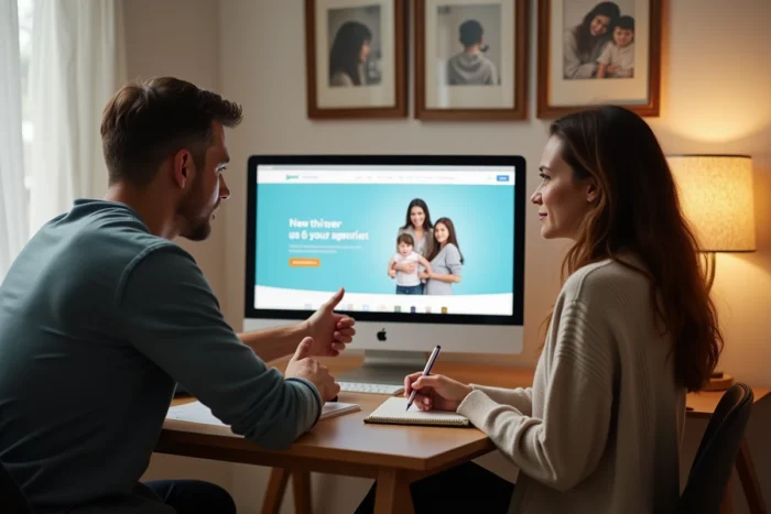 Couple de parents comparant des profils de nounous sur un ordinateur à la maison