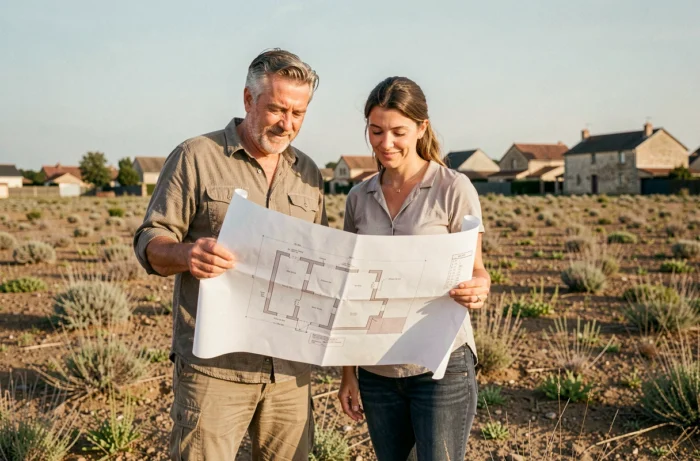 Couple étudiant les plans de leur future maison sur un terrain à bâtir en périphérie de Bourges