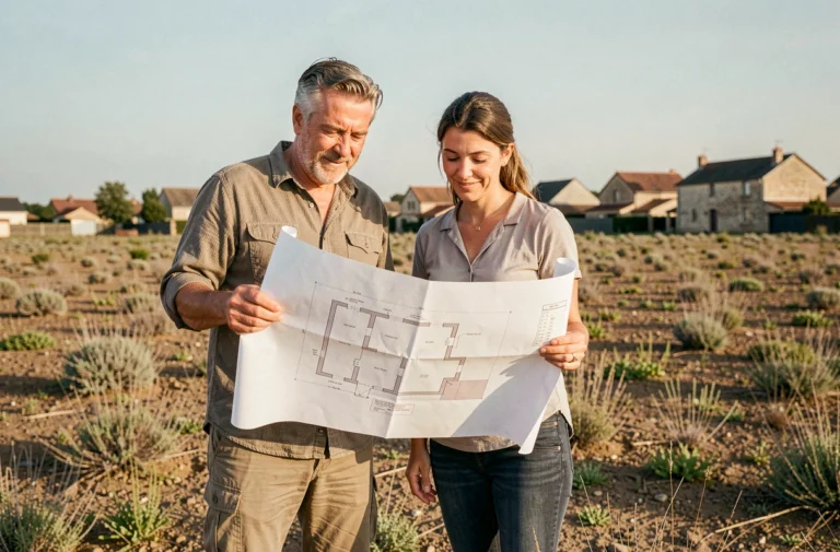 Couple étudiant les plans de leur future maison sur un terrain à bâtir en périphérie de Bourges
