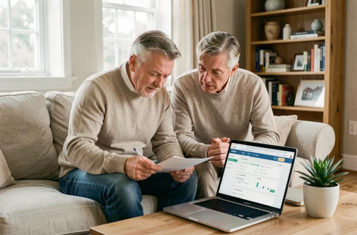 Casal de proprietários consultando seu espaço cliente Orchestra Syndic em um laptop em uma sala confortável