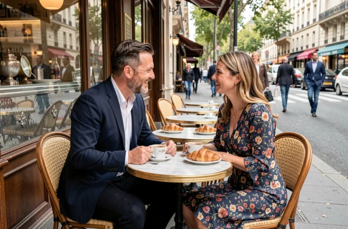 Couple élégant attablé en terrasse d'un café parisien typique avec croissants et café crème