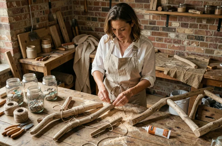 Femme créant un cadre en bois flotté dans un atelier artisanal avec des outils et matériaux naturels sur un établi en bois
