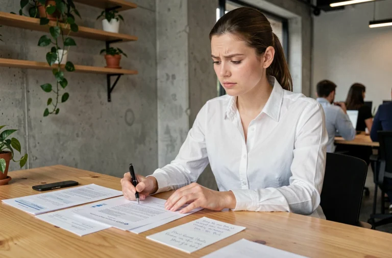Jeune femme créatrice d'entreprise analysant des documents de planification stratégique dans un espace de coworking moderne
