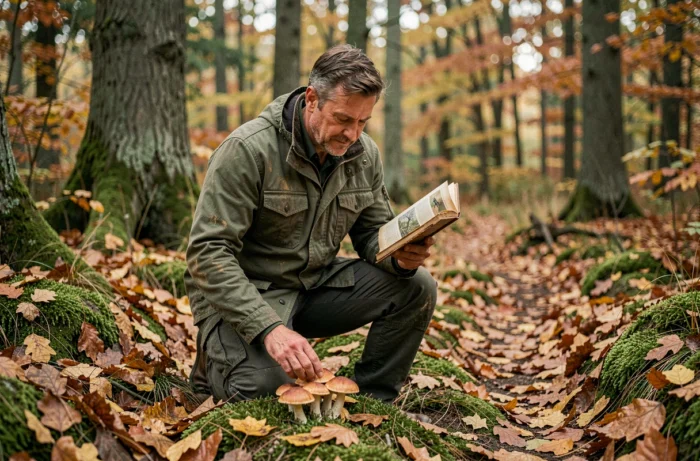 Homme en forêt d'automne observant des champignons sauvages avec un guide de terrain, loisir nature original en toute saison