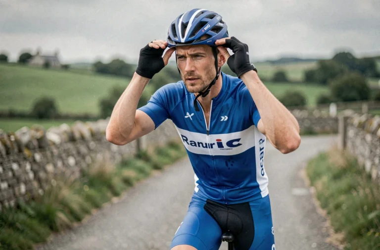 Cycliste français en maillot bleu et blanc ajustant son casque avant une course sur une route rurale en Bretagne