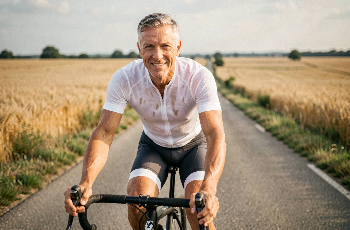 Cycliste homme d'âge mûr pédalant sur une route de campagne entourée de champs dorés
