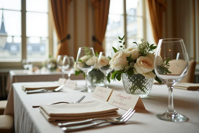 Decoración de mesa de matrimonio parisino con peonías blancas y caligrafía francesa