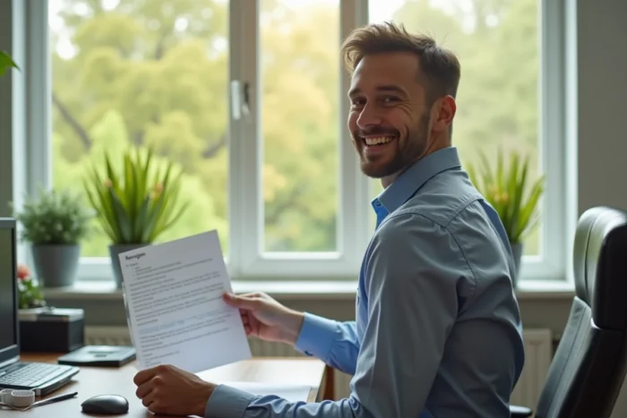 Homme en tenue de bureau déposant une lettre de démission fictive sur son bureau en souriant vers une fenêtre ensoleillée