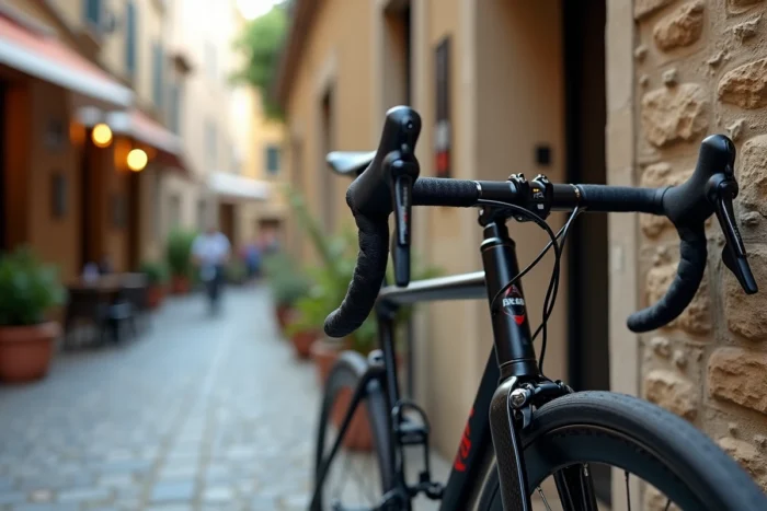 Détail du cockpit et du groupe mécanique du Van Rysel RCR Pro appuyé contre un mur de pierre