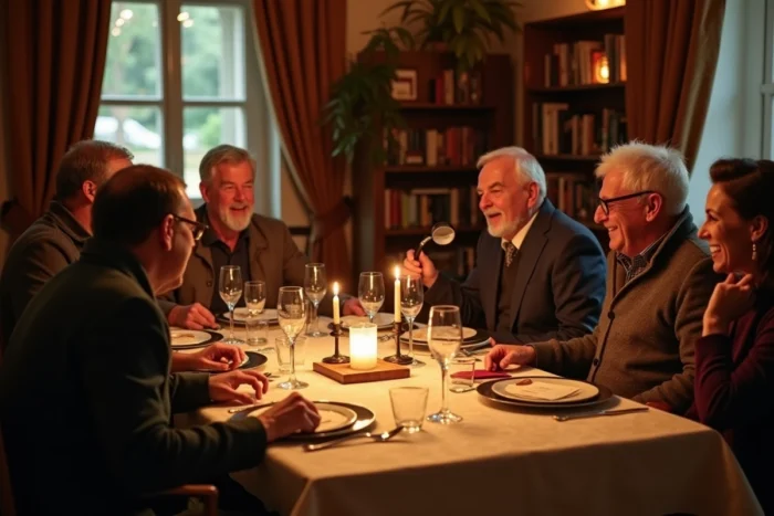 Groupe d'amis participant à un dîner-enquête personnalisé autour d'une table décorée à domicile en Suisse