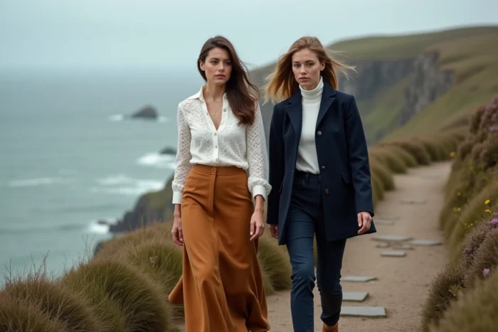 Deux femmes en tenues mode bretonne contemporaine marchant sur un sentier côtier avec vue sur la mer en Bretagne
