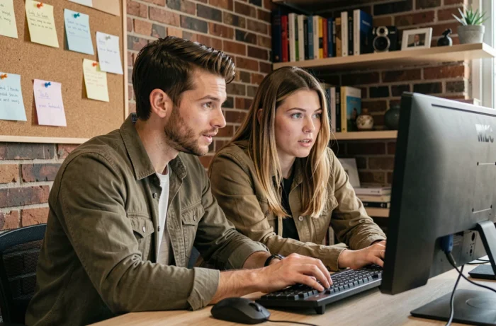 Deux adultes consultant ensemble un ordinateur de bureau pour trouver des adresses fiables d'un site de téléchargement en 2026