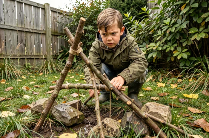 Garçon audacieux construisant une structure en bois et ficelle dans un jardin naturel, illustrant le jeu libre et l'expression créative chez les enfants
