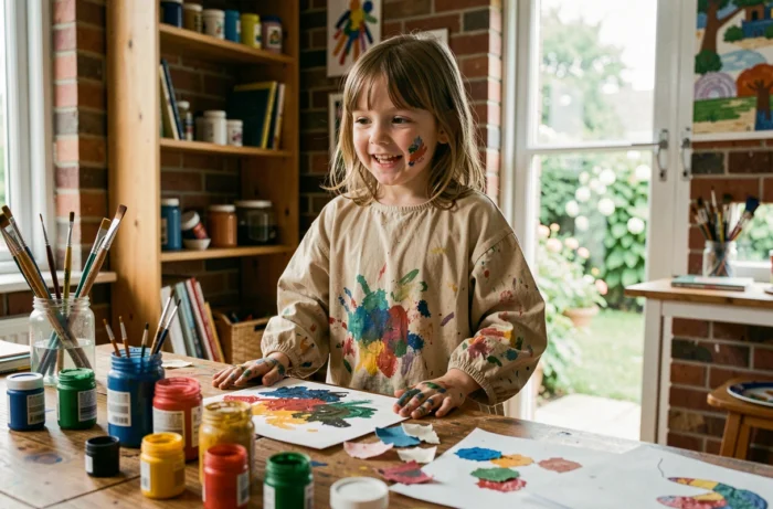 Jeune fille créative avec les mains tachées de peinture dans un coin artistique fait maison, illustrant l'encouragement de la créativité chez les enfants