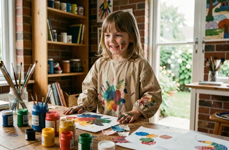 Jeune fille créative avec les mains tachées de peinture dans un coin artistique fait maison, illustrant l'encouragement de la créativité chez les enfants