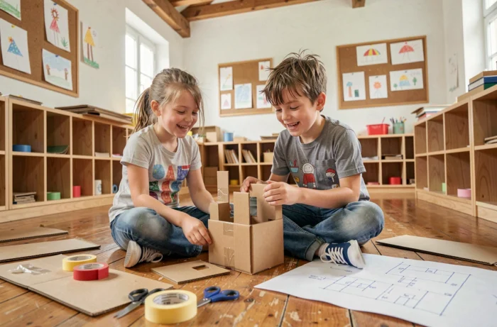Deux enfants collaborant sur une maquette en carton dans une salle de classe atelier, symbolisant la créativité collective et l'audace dans l'apprentissage