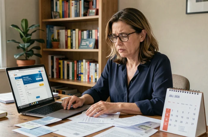 Enseignante consultant ses fiches de paie et un site bancaire sur ordinateur portable en juillet 2026