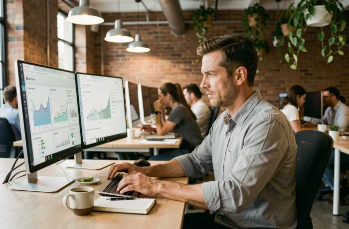 Entrepreneur concentré sur des tableaux de bord analytiques dans un espace de coworking moderne pour optimiser sa croissance
