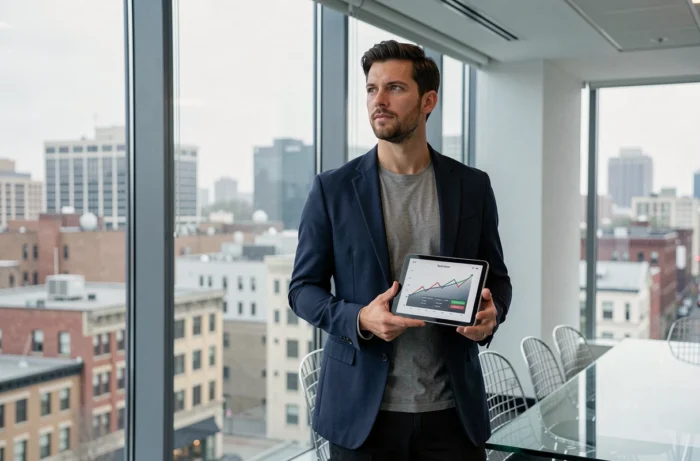 Entrepreneur débutant debout devant une fenêtre panoramique en ville tenant une tablette avec des graphiques de croissance d'entreprise