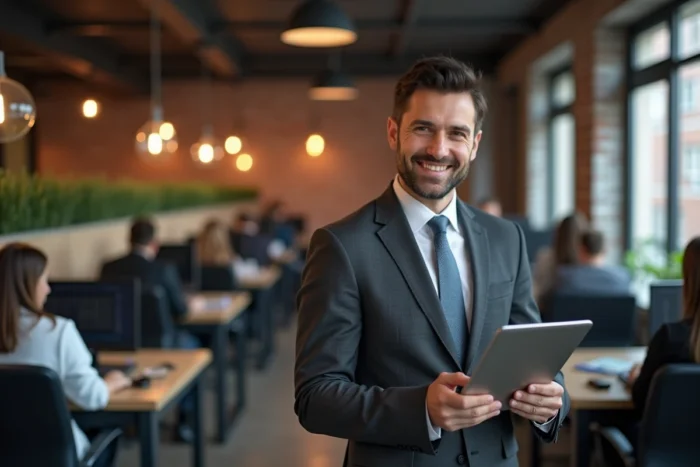 Entrepreneur tenant une tablette avec une plateforme SaaS sur mesure dans un espace de coworking moderne