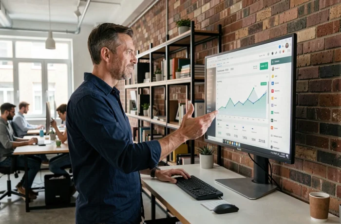 Homme d'affaires debout devant un tableau de bord e-commerce dans un espace de coworking moderne