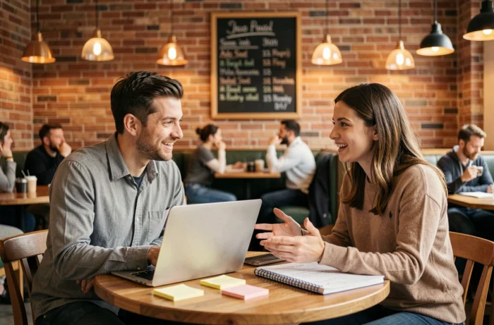 Deux jeunes entrepreneurs en discussion collaborative autour d'un plan d'affaires dans un café indépendant