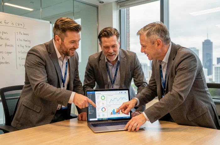 Équipe de professionnels de santé collaborant autour d'une plateforme de gestion de la douleur lors d'une formation médicale