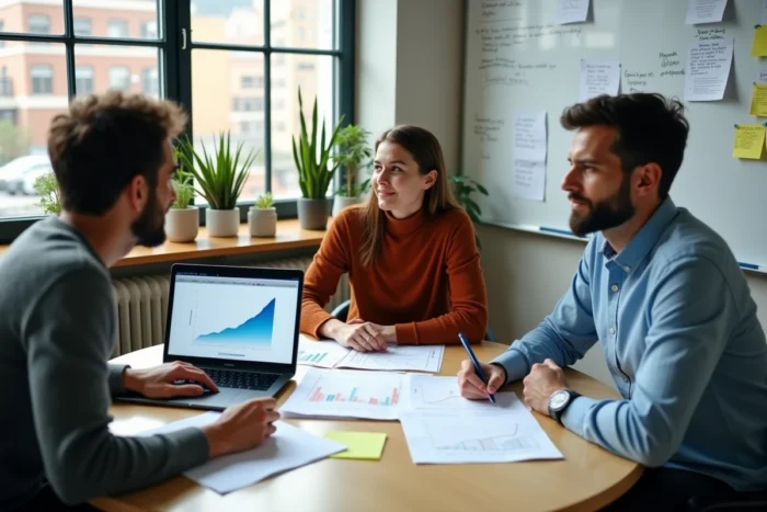 Équipe de professionnels discutant des stratégies et tendances business autour d'une table de réunion