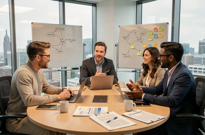 Équipe professionnelle en réunion stratégique autour d'une table de conférence pour développer des services business