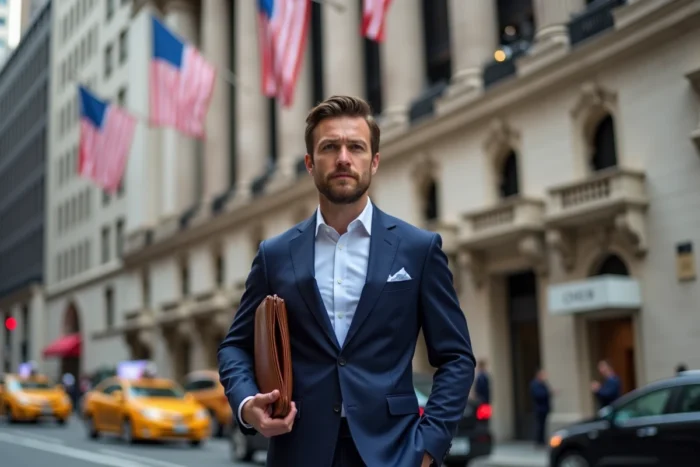 Cadre américain en costume devant la Bourse de New York sur Wall Street, drapeaux américains visibles sur la façade, ambiance économique et financière