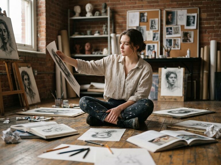 Étudiante en prépa artistique assise sur le sol d'un atelier entourée de croquis et de livres d'art, réfléchissant à son projet créatif