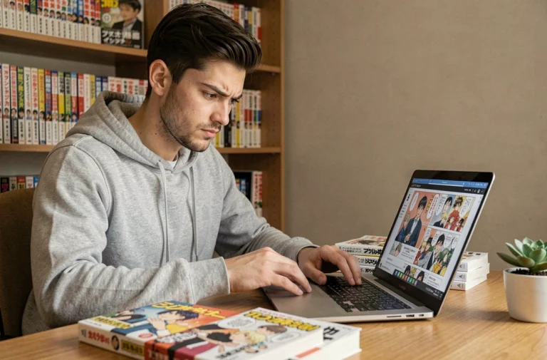 Jeune homme lisant des mangas en ligne sur son ordinateur portable, entouré de volumes physiques, évaluant la fiabilité d'un site de lecture de mangas
