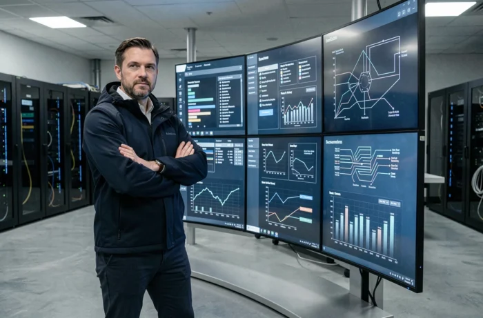 Homme expert en technologie devant un mur d'écrans affichant des tableaux de bord de données dans un laboratoire d'innovation