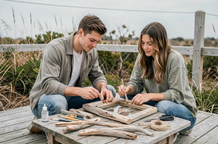 Couple assemblant un cadre en bois flotté sur une terrasse en bois dans un jardin côtier, activité DIY familiale en plein air