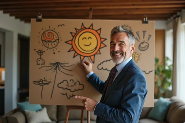 Homme en costume présentant un faux bulletin météo fait main avec des icônes de soleil et des dessins humoristiques