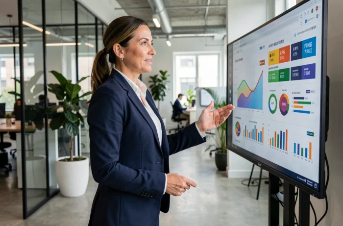 Femme d'affaires présentant des graphiques de croissance dans un bureau moderne avec services innovants