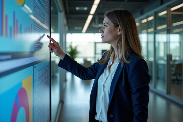 Femme d'affaires présentant des solutions digitales B2B sur un grand écran tactile dans un bureau moderne