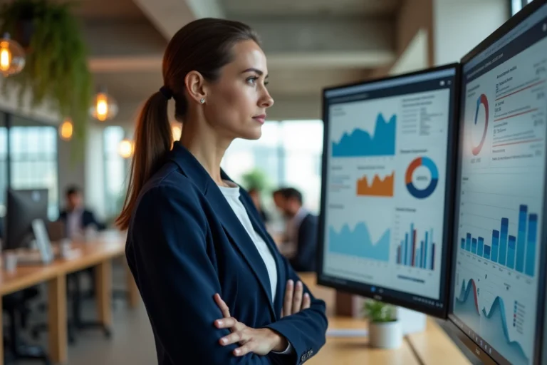 Femme d'affaires analysant des tendances business sur un écran dans un bureau moderne en 2024