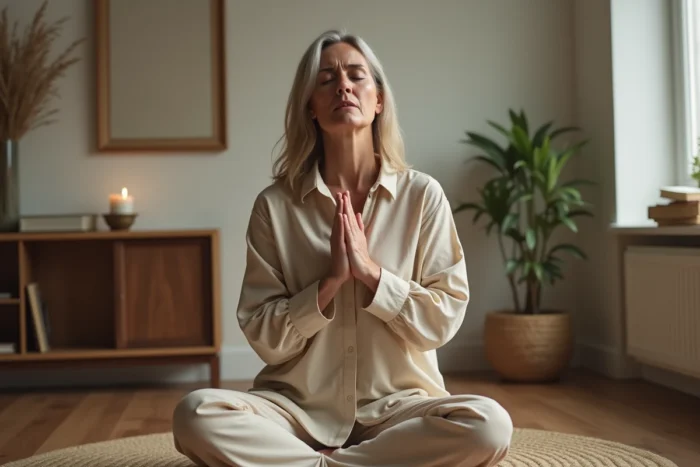 Femme en prière qui bâille dans un coin de méditation à domicile, illustrant la tendance à bâiller pendant la prière