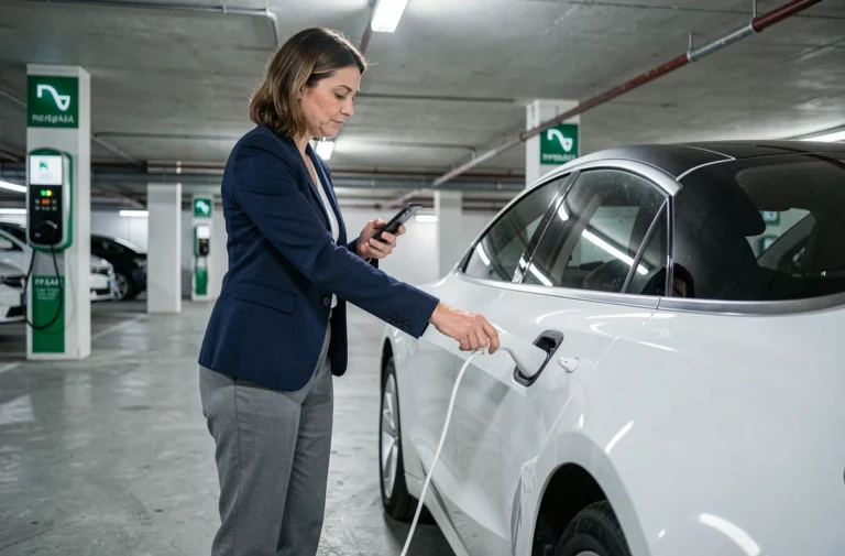 Femme cadre branchant une voiture électrique blanche sur une borne de recharge dans un parking d'entreprise moderne