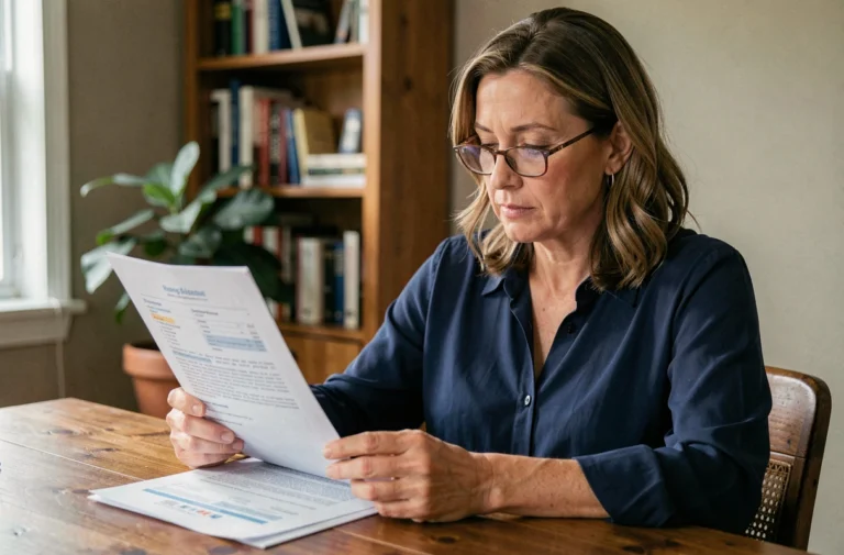 Femme consultant un contrat de mutuelle santé MGC à son bureau à domicile