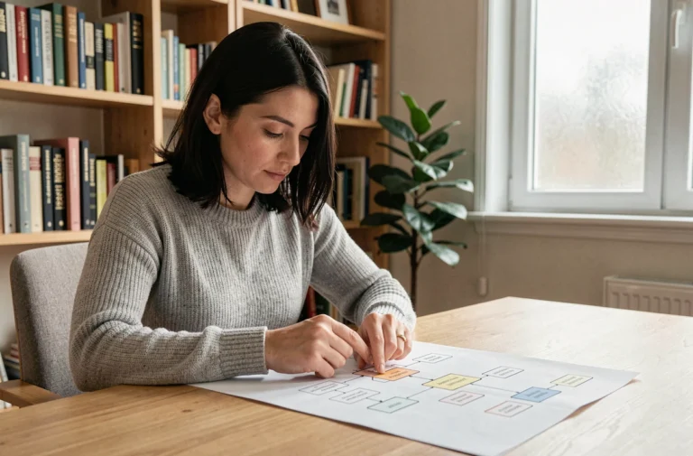 Femme consultant un plan du site imprimé sous forme d'organigramme hiérarchique dans un bureau à domicile organisé
