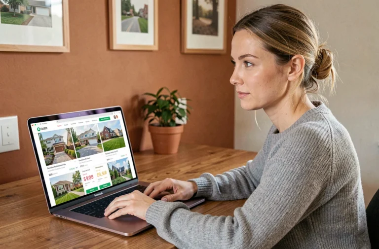 Femme consultant d'anciennes annonces immobilières sur un ordinateur portable dans un bureau à domicile
