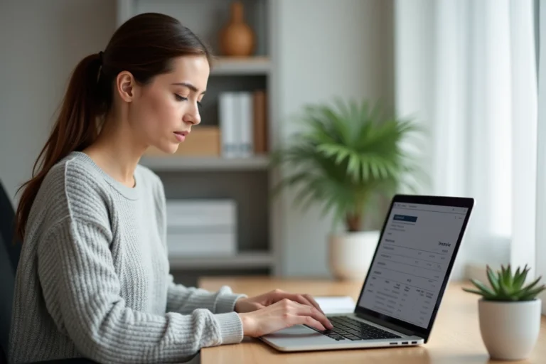 Femme consultant ses factures Carrefour en ligne sur un ordinateur portable dans un bureau à domicile