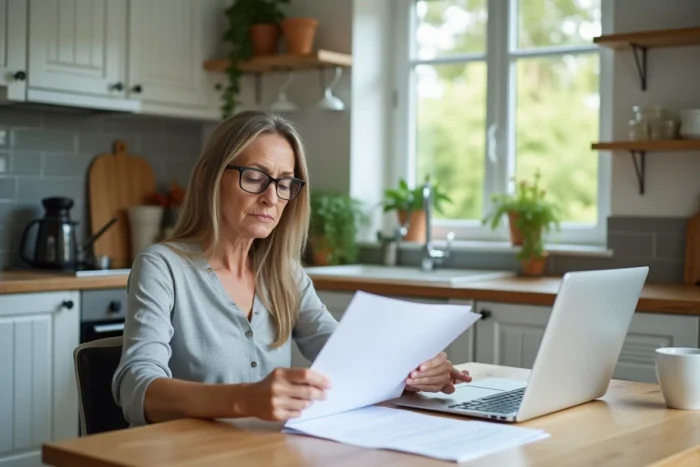 Femme étudiant attentivement un contrat d'assurance vie à domicile avant de consulter un avocat
